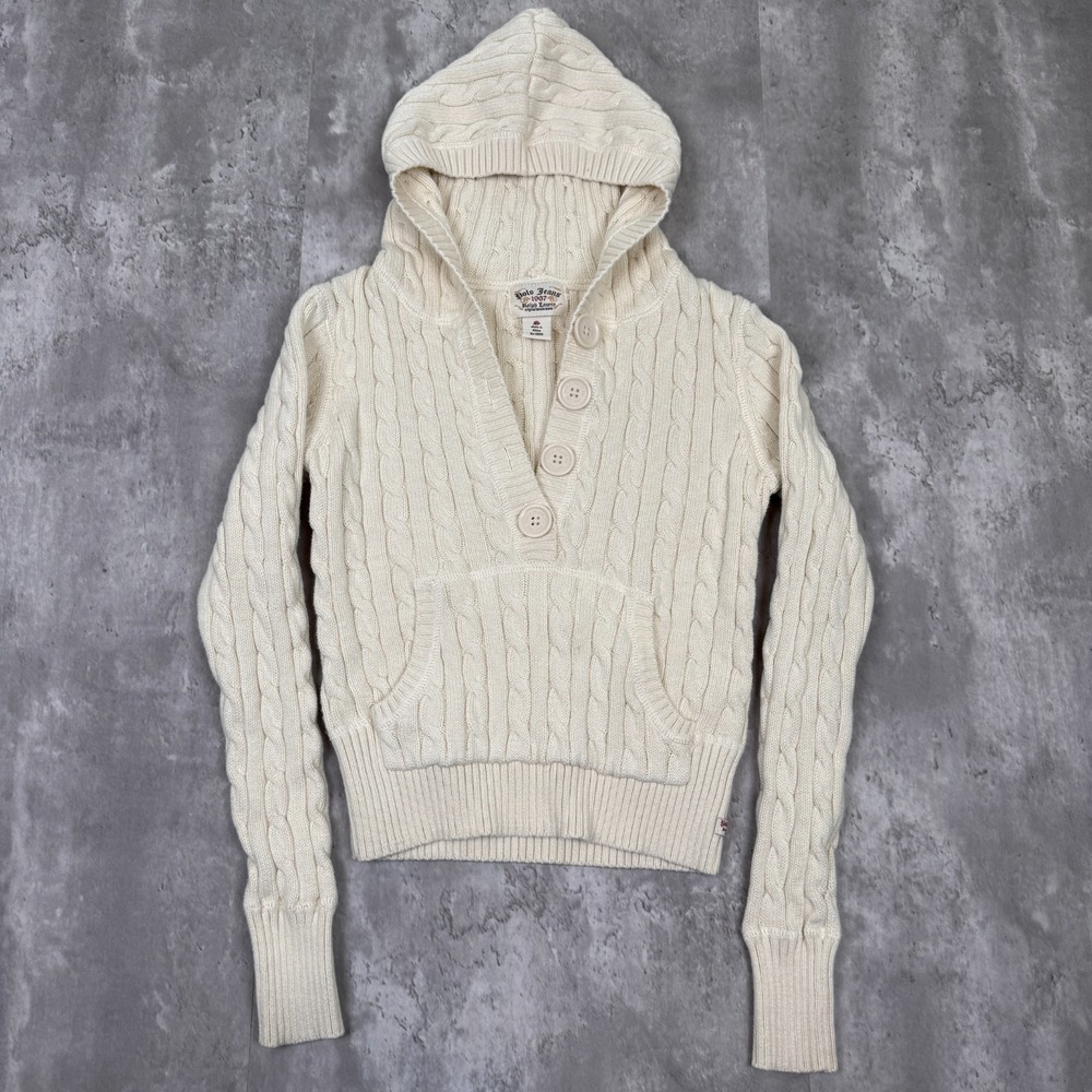 Polo Jeans Ralph Lauren Hooded Sweater Womens S Cream Fisherman Cable Knit Y2K